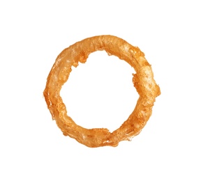 Photo of Delicious golden breaded and deep fried crispy onion ring on white background