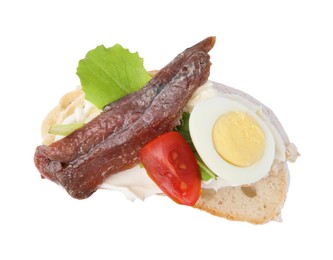 Photo of Delicious bruschetta with anchovies, cream cheese, eggs and tomatoes isolated on white