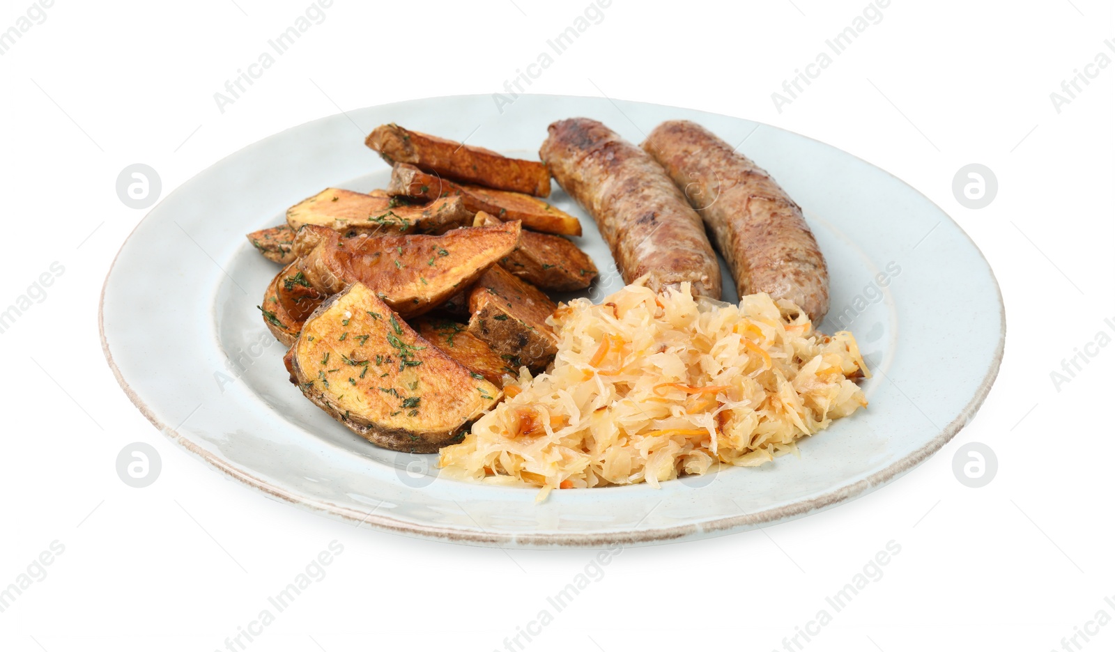 Photo of Plate with sauerkraut, sausages and potatoes isolated on white