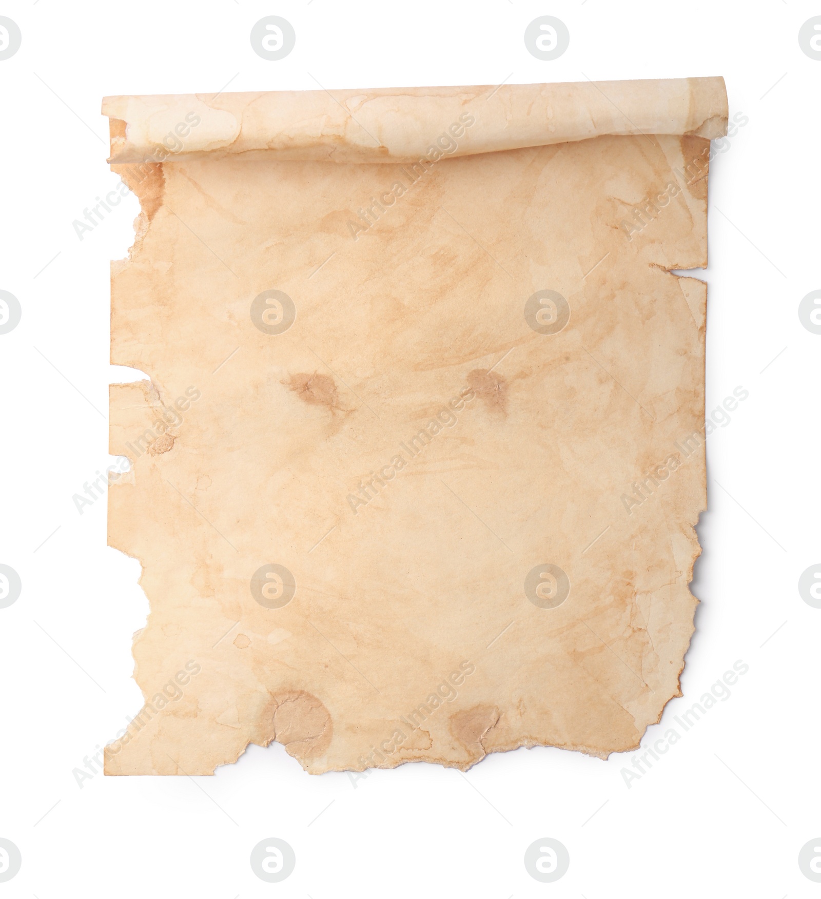 Photo of Sheet of old parchment paper on white background, top view