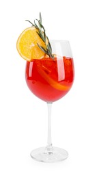 Photo of Glass of tasty Aperol spritz cocktail isolated on white