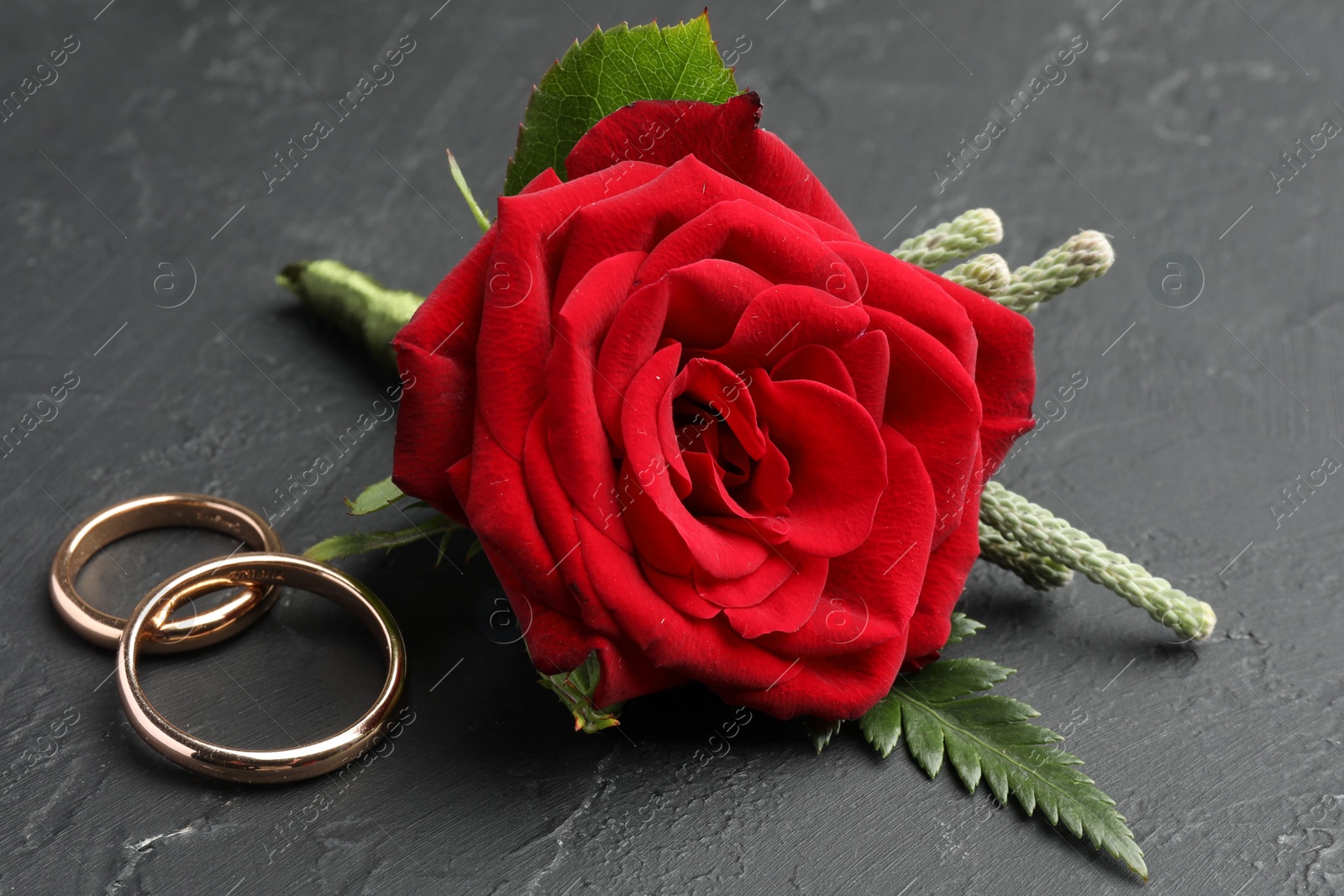 Photo of Stylish red boutonniere and rings on black table, closeup
