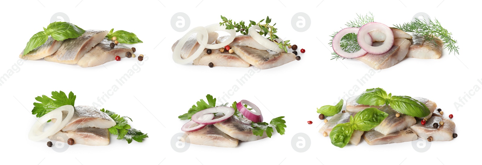 Image of Set with delicious salted herring fillets on white background. Banner design