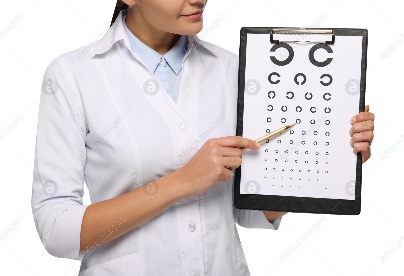 Photo of Ophthalmologist pointing at vision test chart on white background, closeup