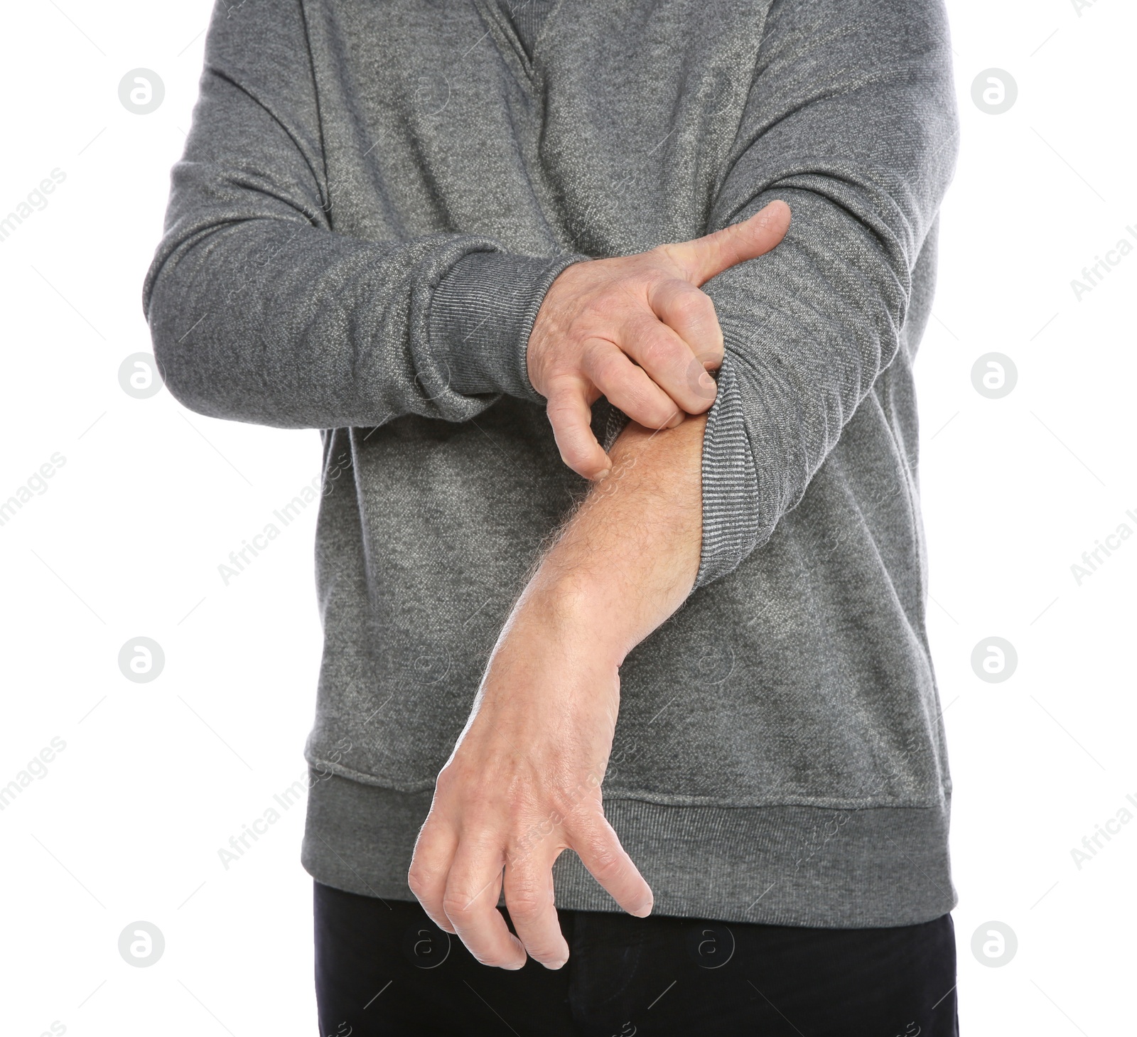 Photo of Mature man scratching arm on white background, closeup. Annoying itch