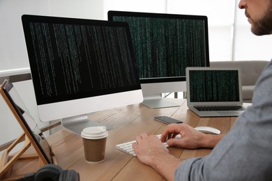 Photo of Programmer working at desk in office, closeup