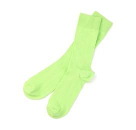 Photo of Green socks on white background, top view