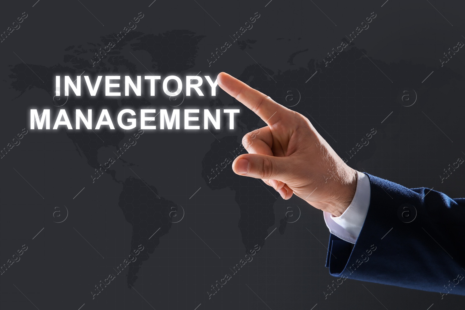 Image of Man touching virtual screen with text Inventory Management on color background