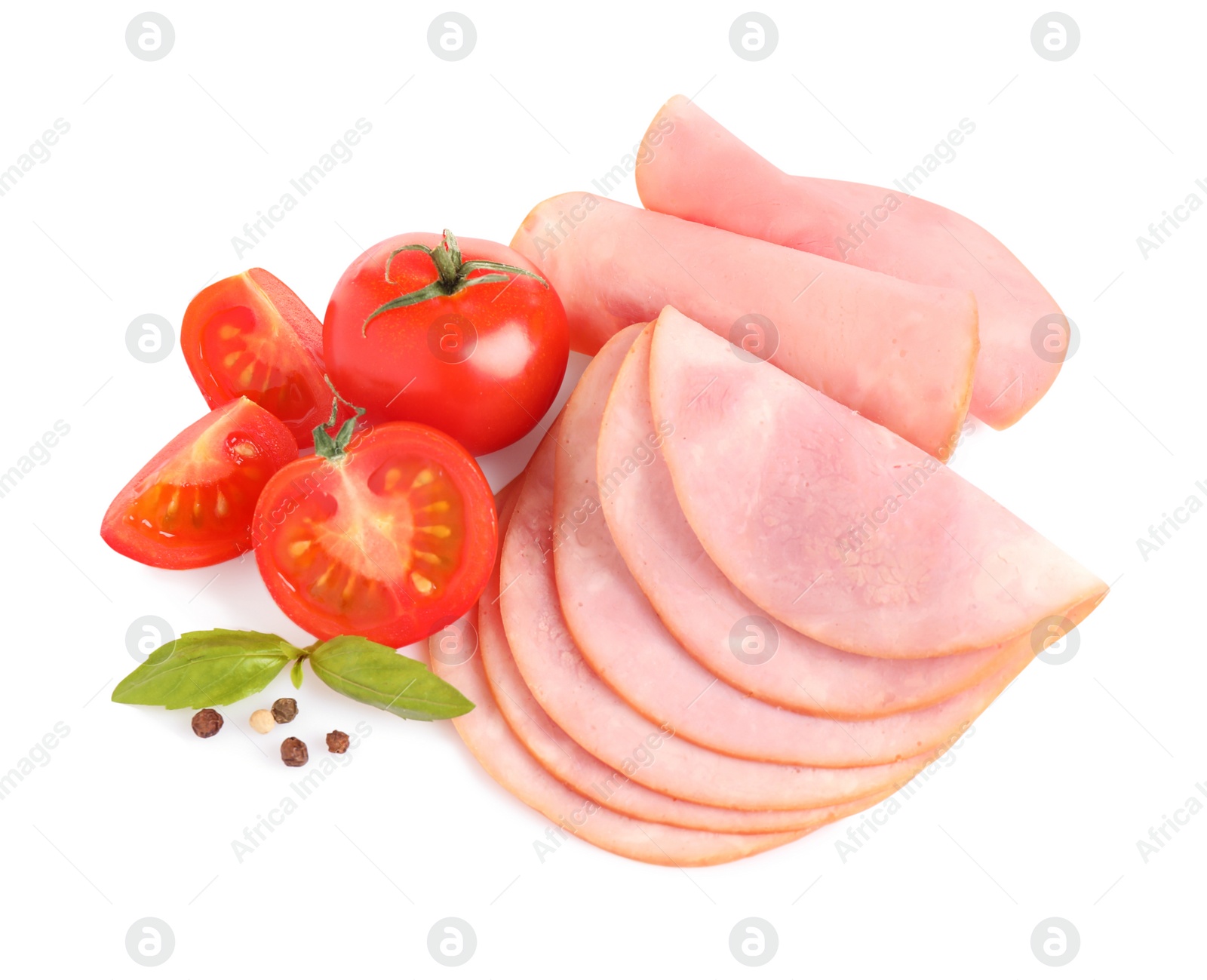 Photo of Slices of tasty fresh ham with basil, tomatoes and pepper isolated on white, top view