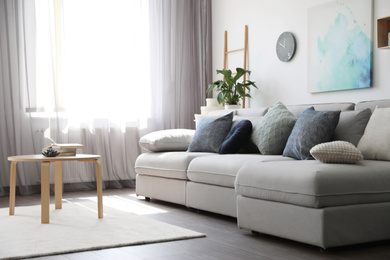 Elegant living room with comfortable sofa near window. Interior design