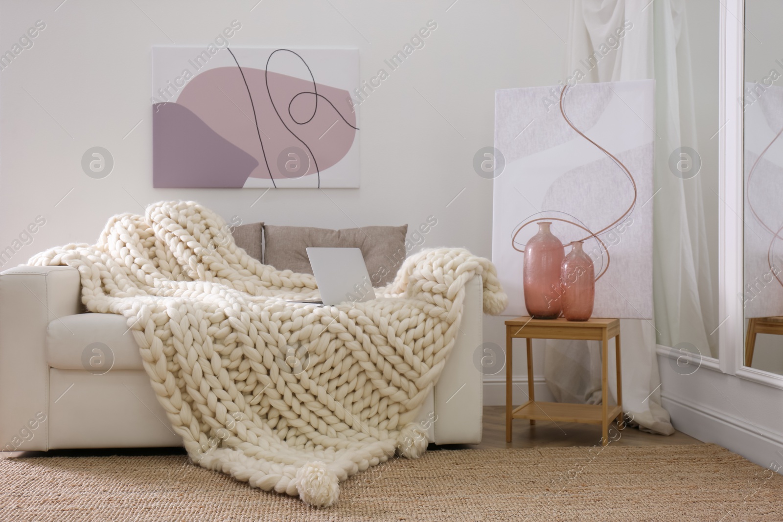 Photo of Soft knitted blanket and modern laptop on couch in living room. Interior element