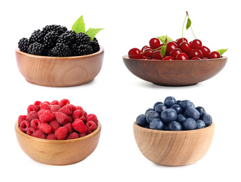 Set of bowls with different fresh berries on white background