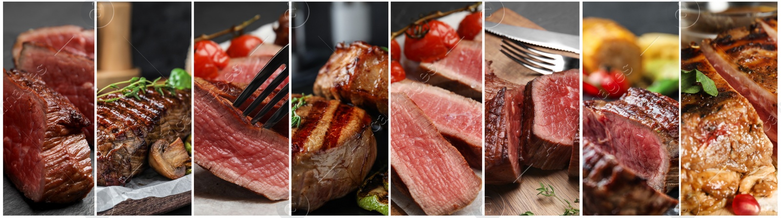 Image of Collage with different photos of delicious grilled meat. Banner design  
