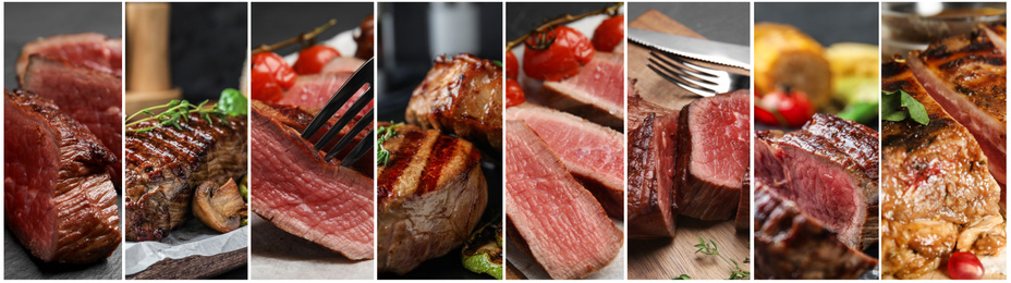 Image of Collage with different photos of delicious grilled meat. Banner design  