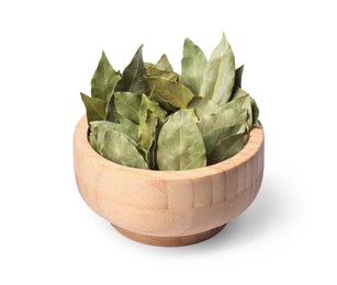 Photo of Aromatic bay leaves in wooden bowl on white background