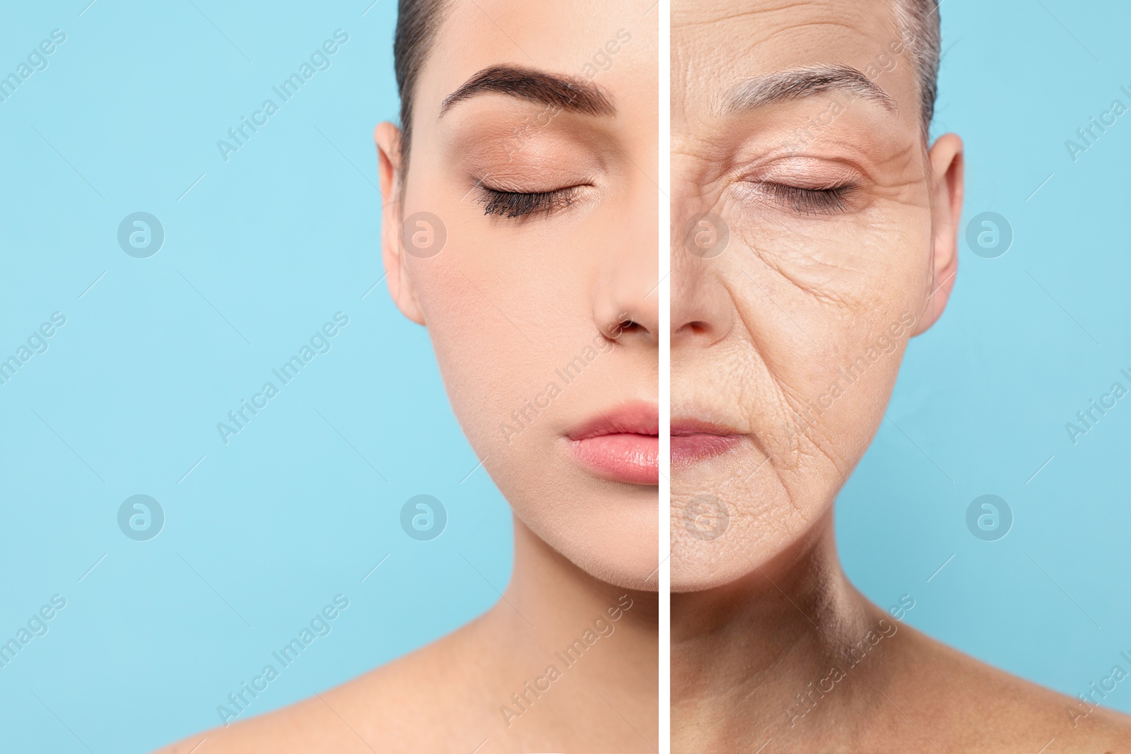 Image of Changes in appearance during aging. Portrait of woman divided in half to show her in younger and older ages. Collage design on light blue background