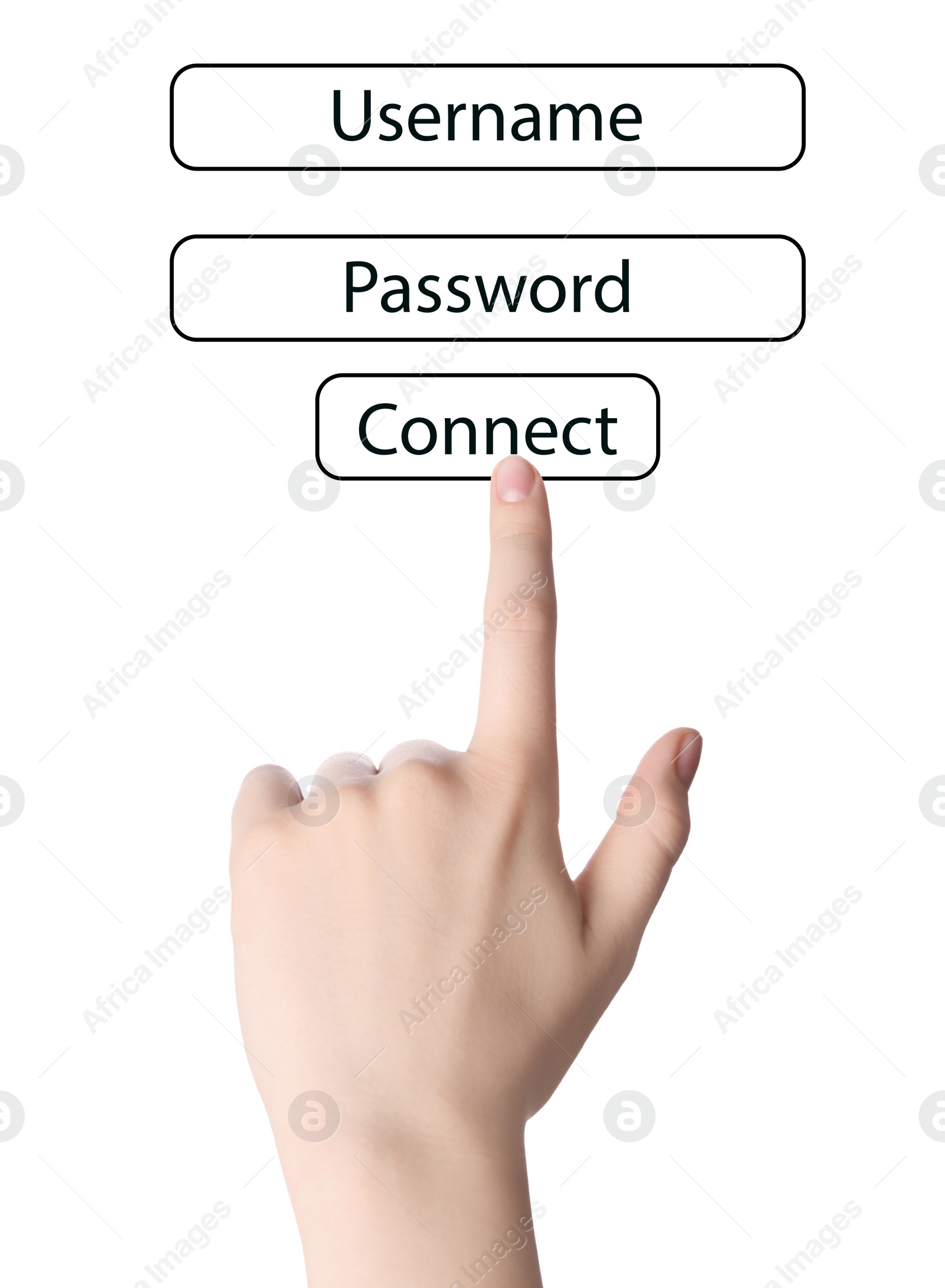 Image of Illustration of authorization interface and woman pressing button CONNECT on white background, closeup