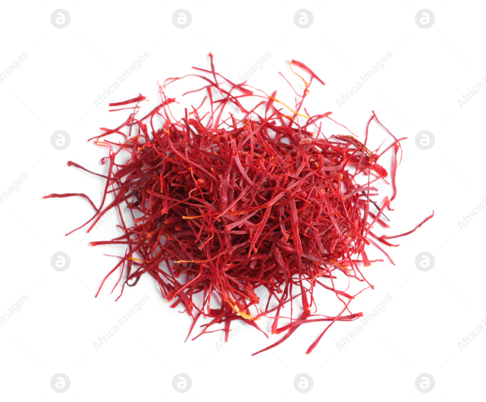 Photo of Heap of aromatic saffron on white background, top view