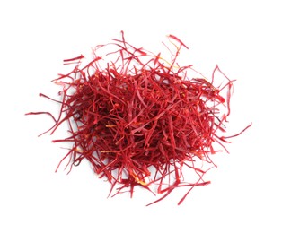 Photo of Heap of aromatic saffron on white background, top view