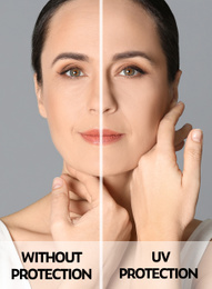 Image of Mature woman without and with sun protection cream on her face