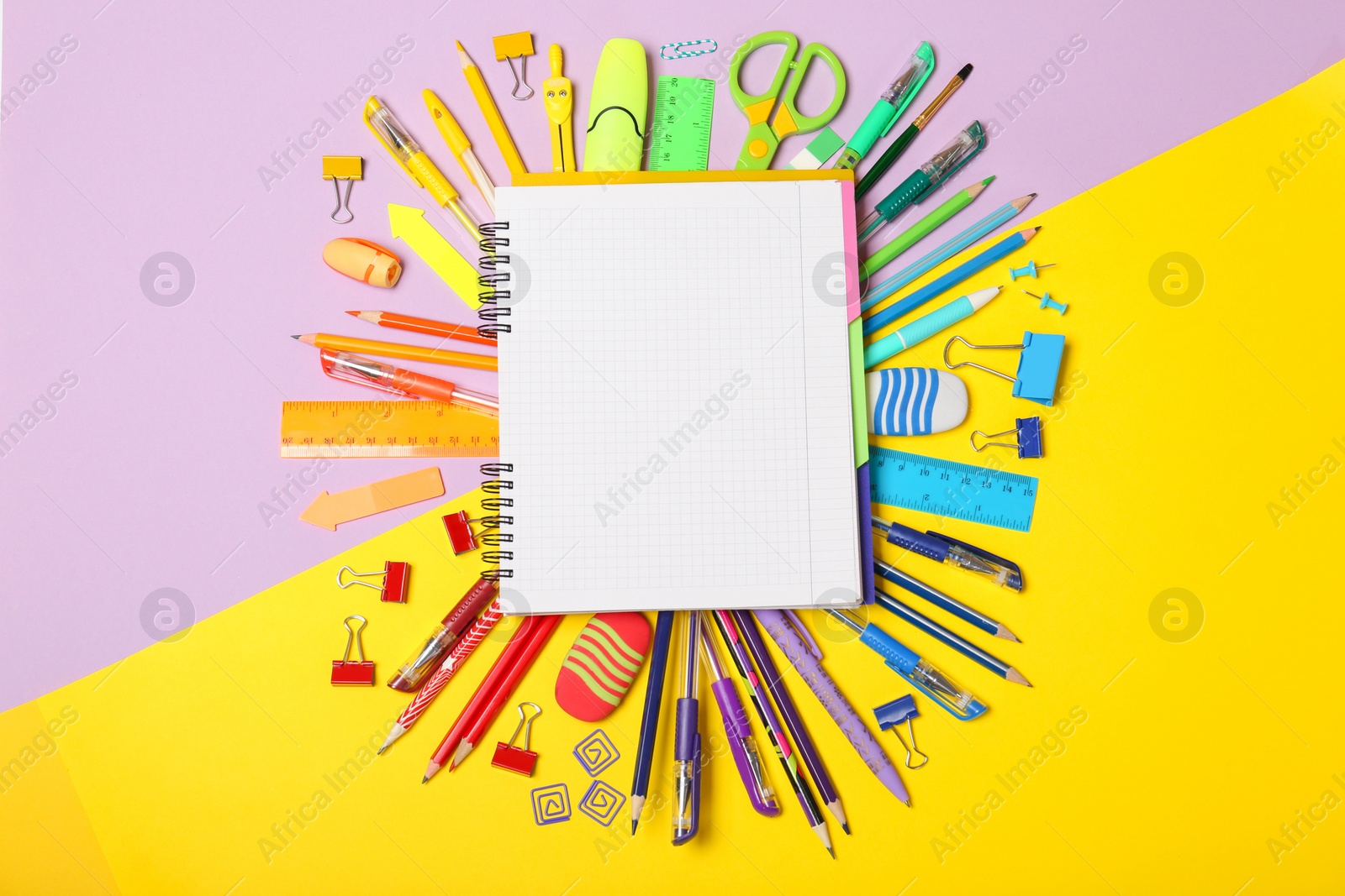 Photo of Flat lay composition with different school stationery on color background