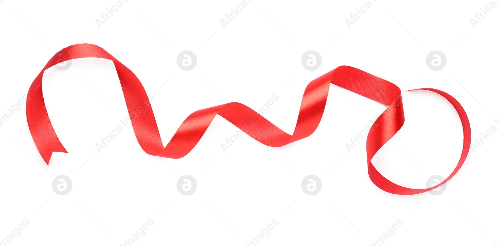 Photo of Beautiful red ribbon isolated on white, top view