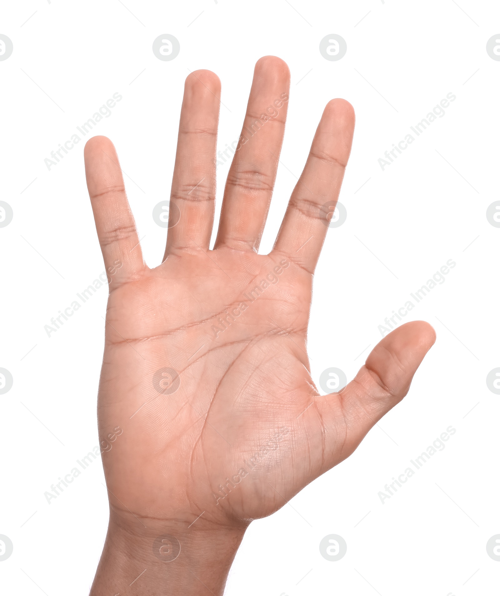 Photo of Man giving high five on white background, closeup of hand