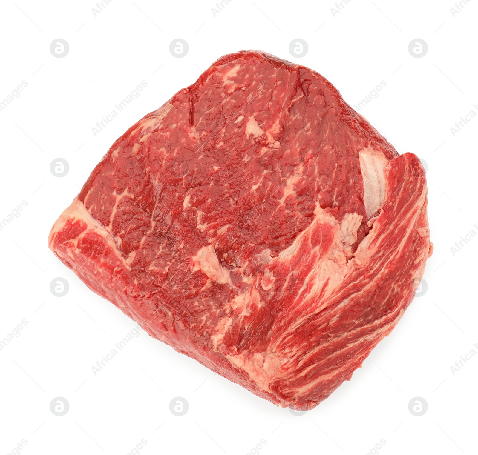 Photo of Fresh raw beef cut isolated on white, top view