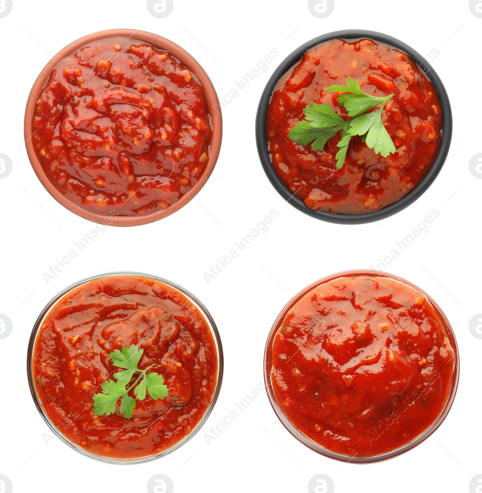 Image of Set with adjika sauce on white background, top view