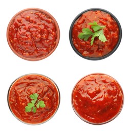 Set with adjika sauce on white background, top view