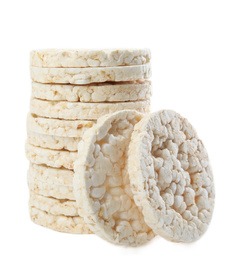 Photo of Stack of puffed rice cakes isolated on white