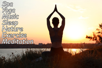 Image of Stress management techniques. Woman meditating outdoors during sunset