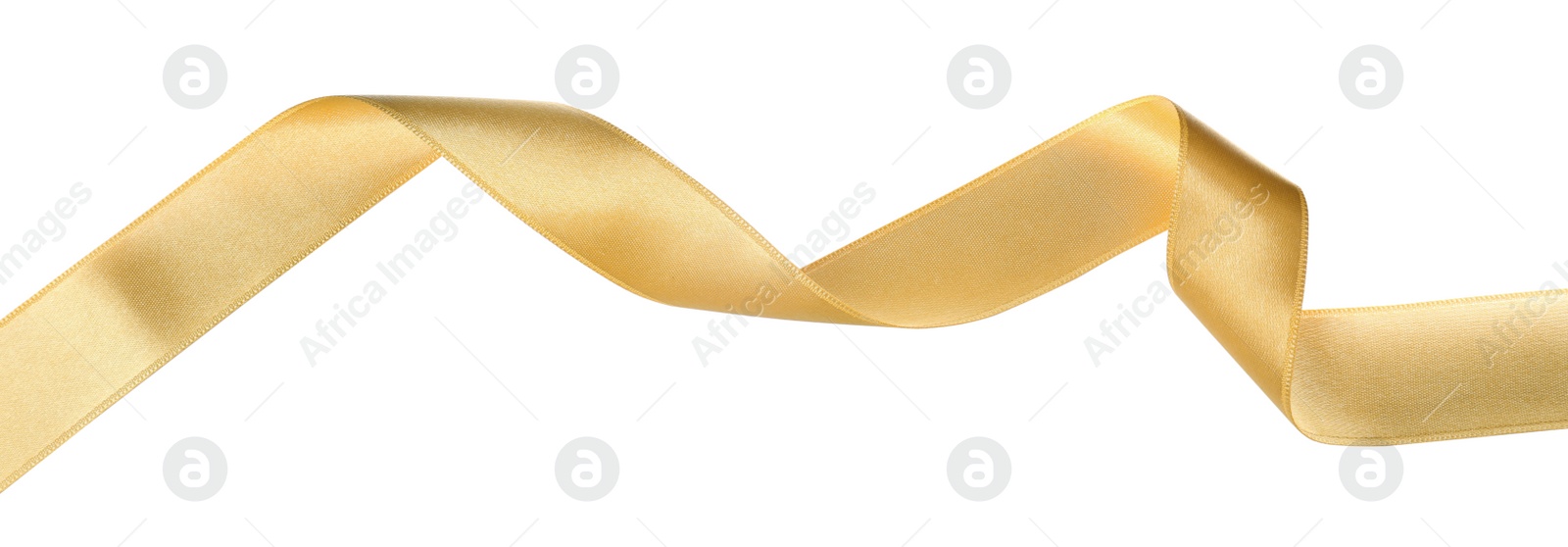 Photo of Beautiful golden ribbon isolated on white, top view