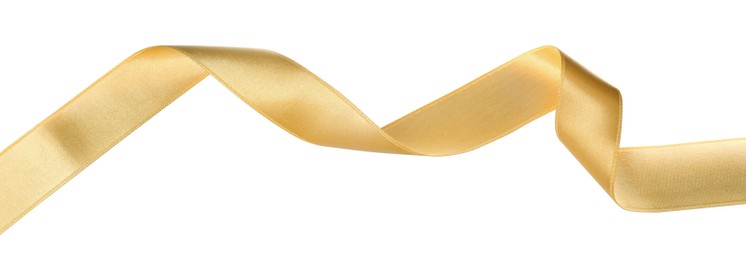 Photo of Beautiful golden ribbon isolated on white, top view