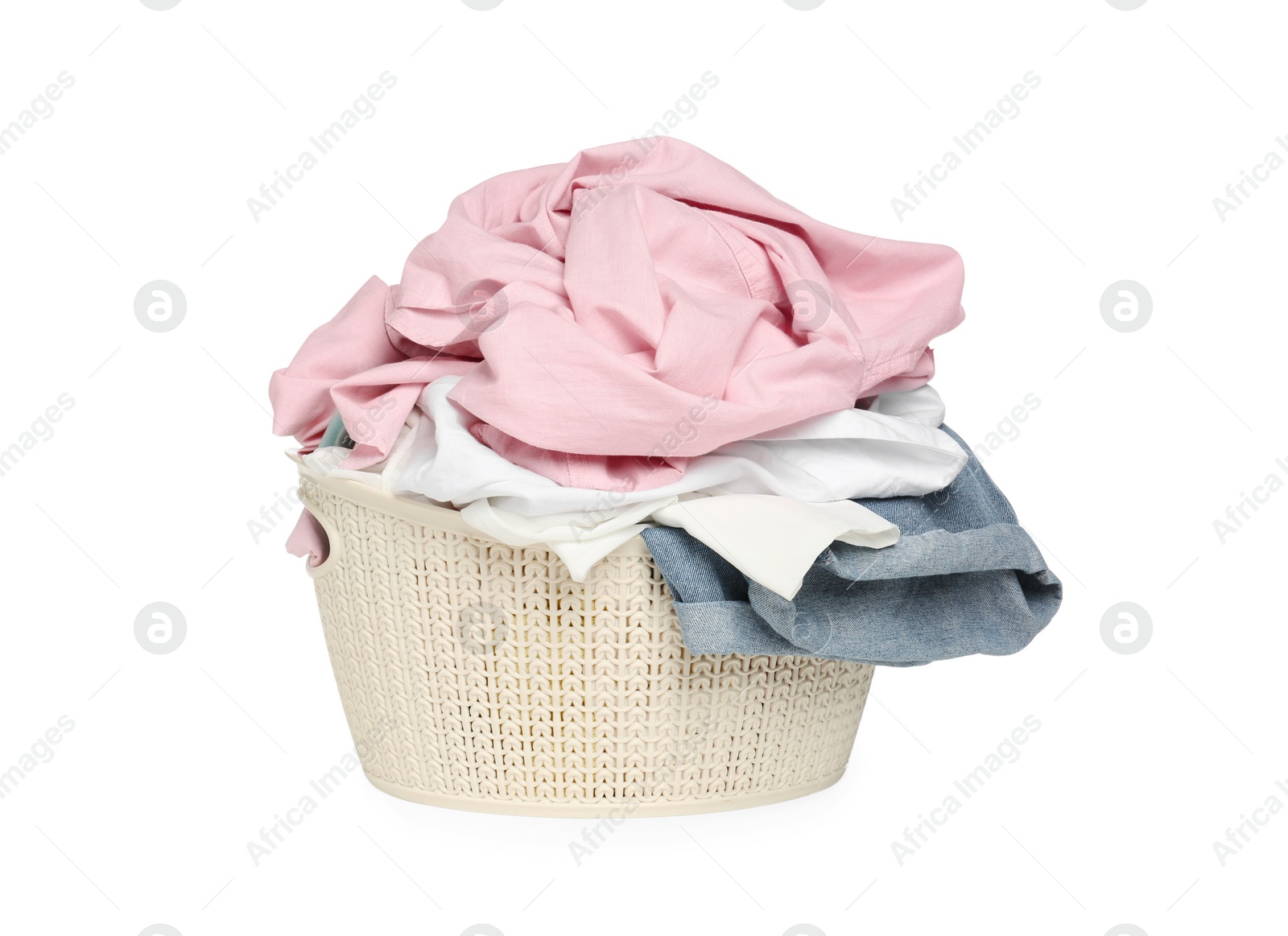 Photo of Laundry basket with clean colorful clothes isolated on white