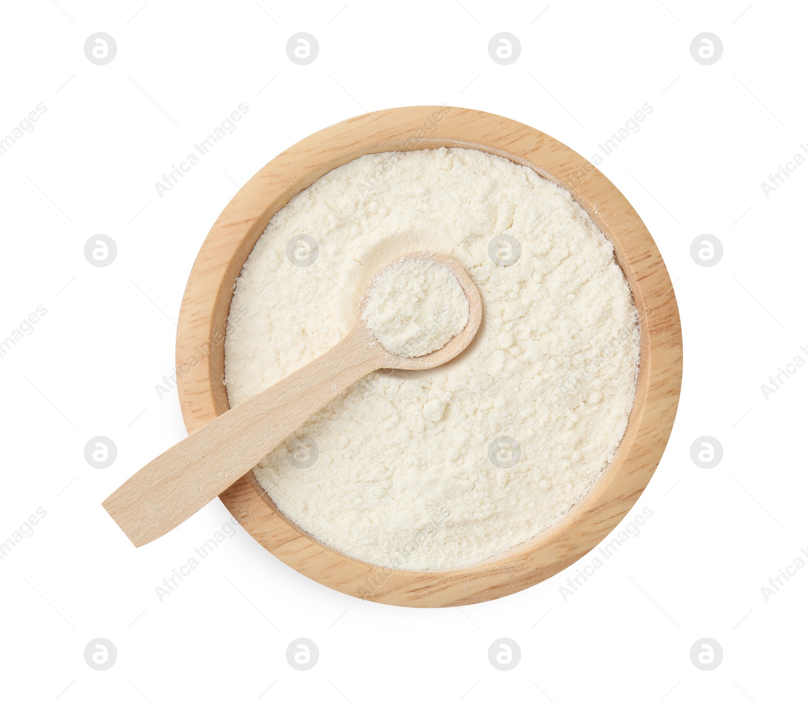 Photo of Baking powder in bowl and spoon isolated on white, top view