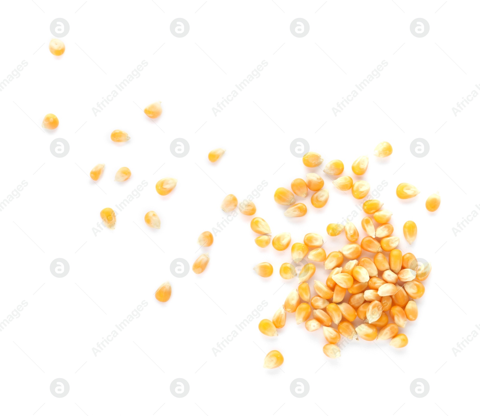 Photo of Raw corn kernels on white background. Healthy grains and cereals