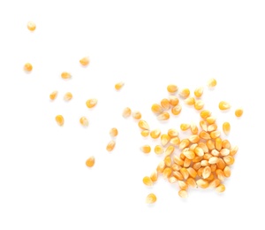 Photo of Raw corn kernels on white background. Healthy grains and cereals