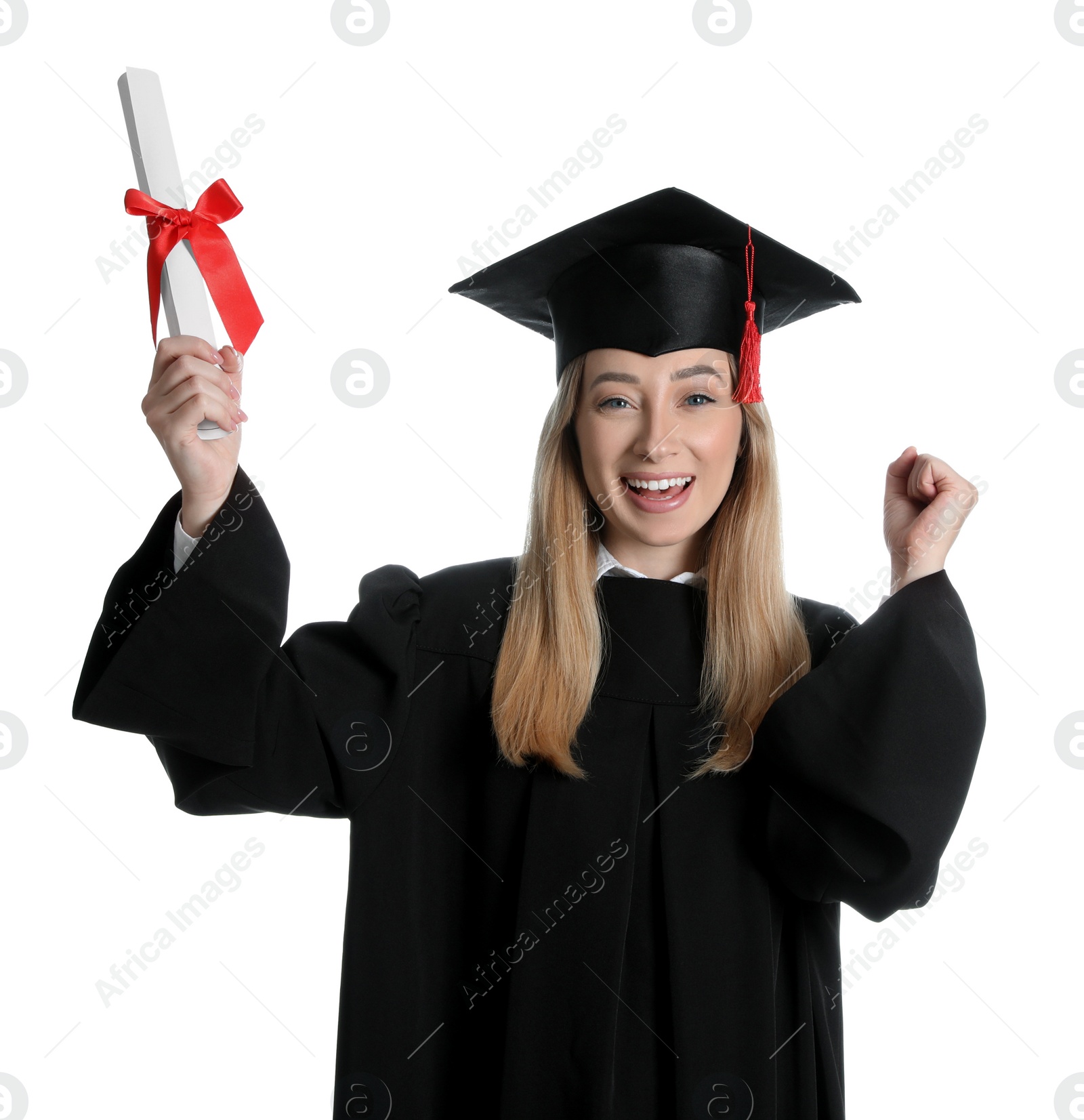 Photo of Happy student with diploma on white background