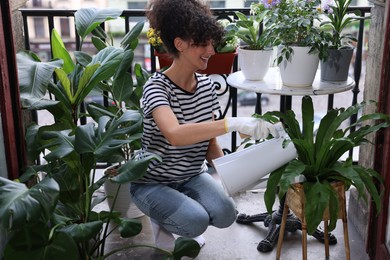 Happy young woman watering green potted houseplants on balcony