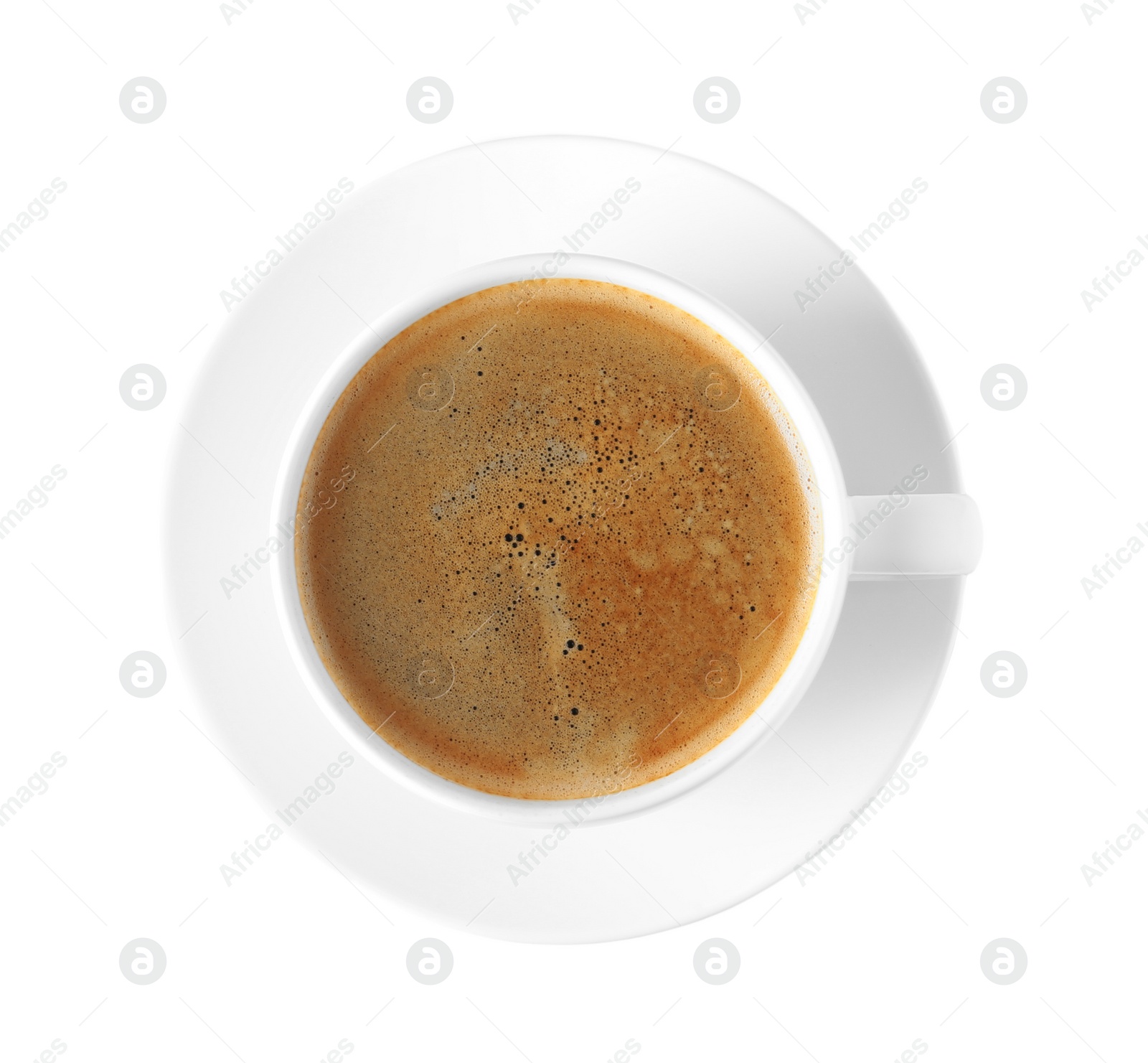 Photo of Cup of delicious coffee isolated on white, top view