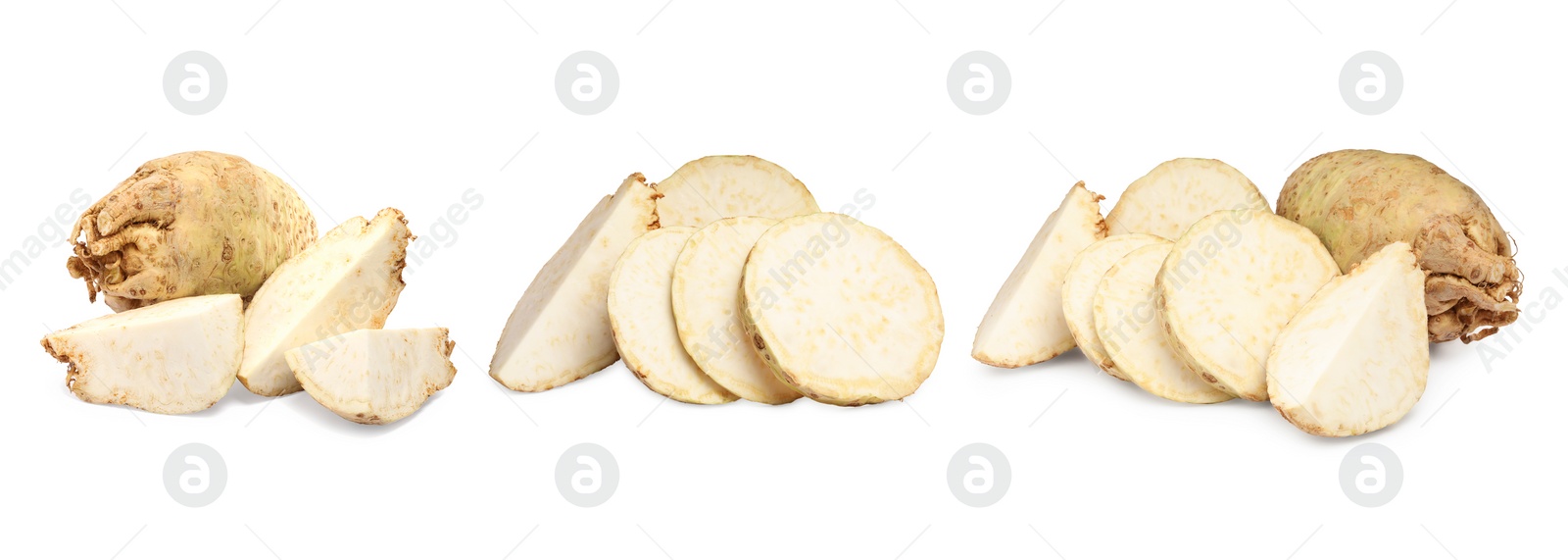 Image of Whole and sliced celery roots isolated on white, set