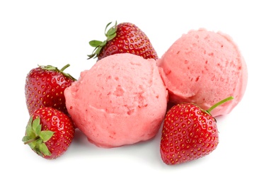 Photo of Scoops of delicious strawberry ice cream with fresh berries on white background