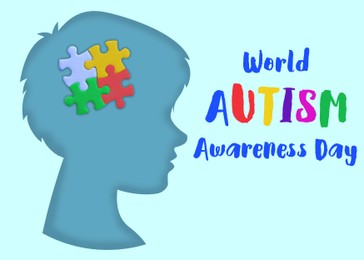 Illustration of World Autism Awareness Day. Silhouette of boy with puzzle pieces in his head on light blue background