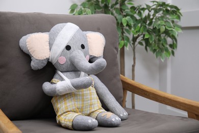 Toy elephant with bandages sitting in armchair indoors