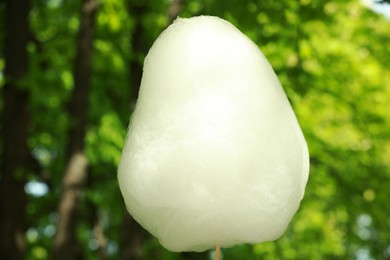 One sweet cotton candy against blurred green, closeup