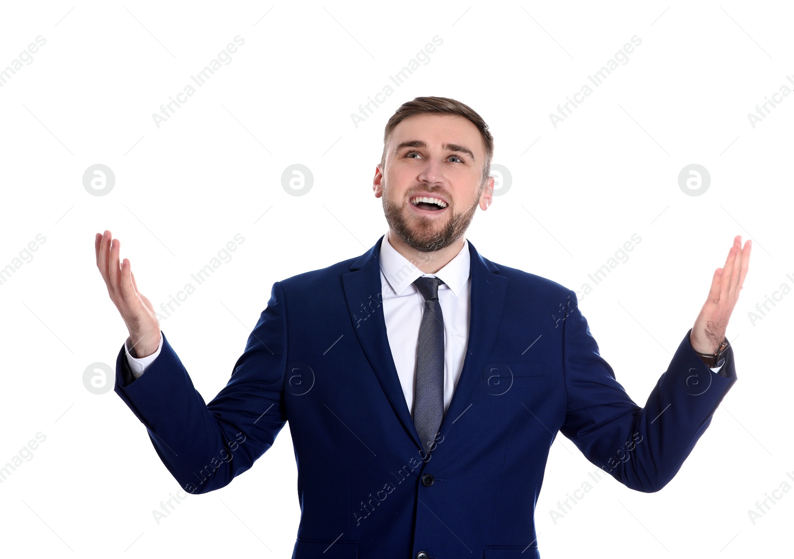 Photo of Young businessman under rain of money on white background