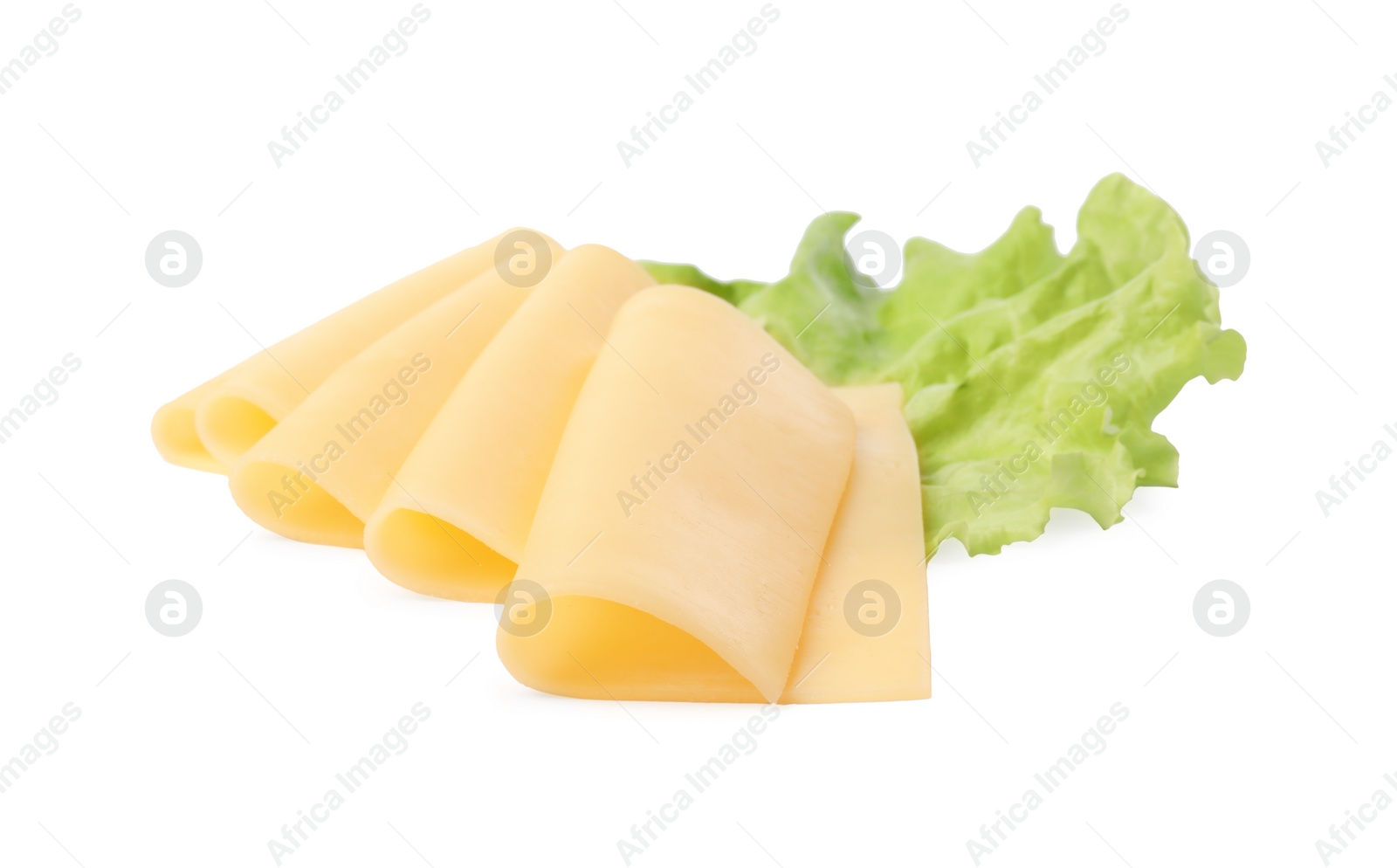 Photo of Slices of tasty fresh cheese and lettuce isolated on white