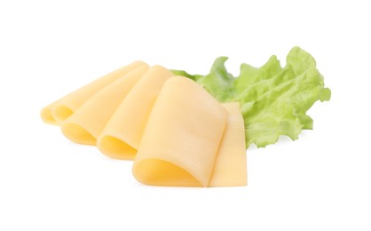 Photo of Slices of tasty fresh cheese and lettuce isolated on white