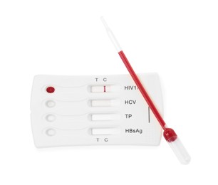 Photo of Disposable express hepatitis test kit on white background, top view